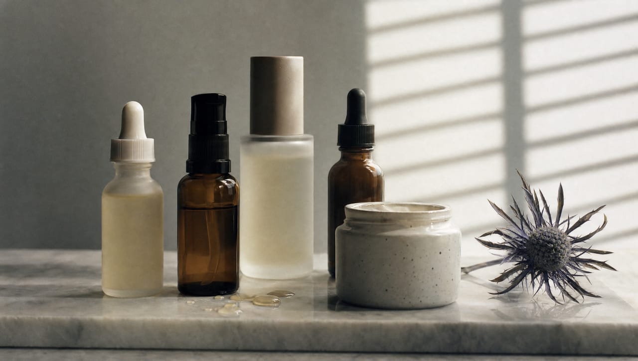 Unlabeled frosted and amber skin care bottles on marble with a dried sea holly flower