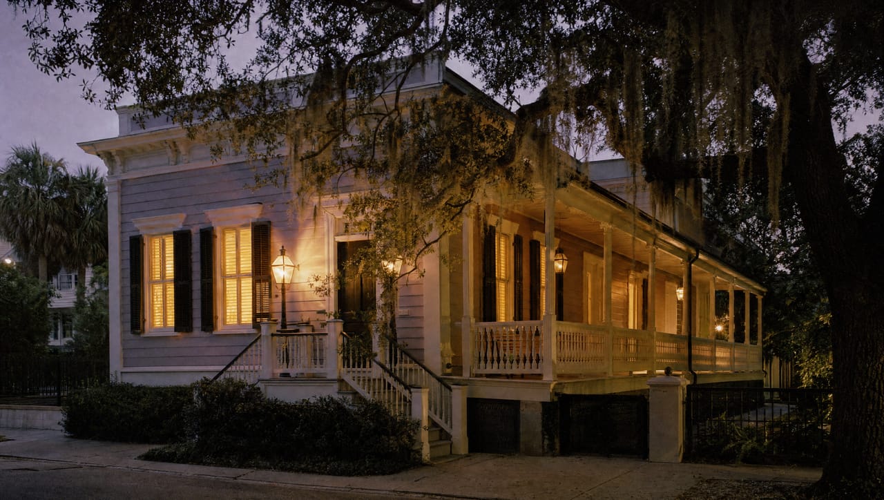 The Seaholly studio at dusk with gas lanterns lit on the piazza and Spanish moss overhead
