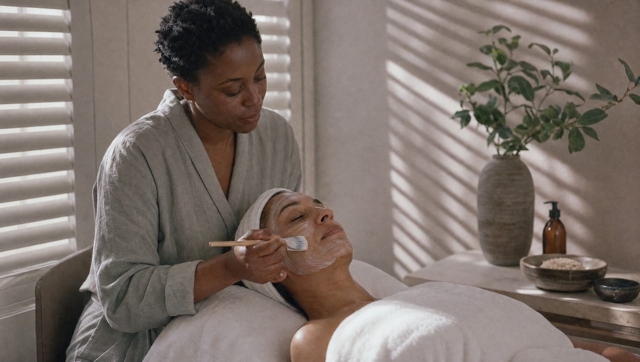 An esthetician applying a mask with a soft brush to a relaxed client lying under a white towel, striped light through shutters