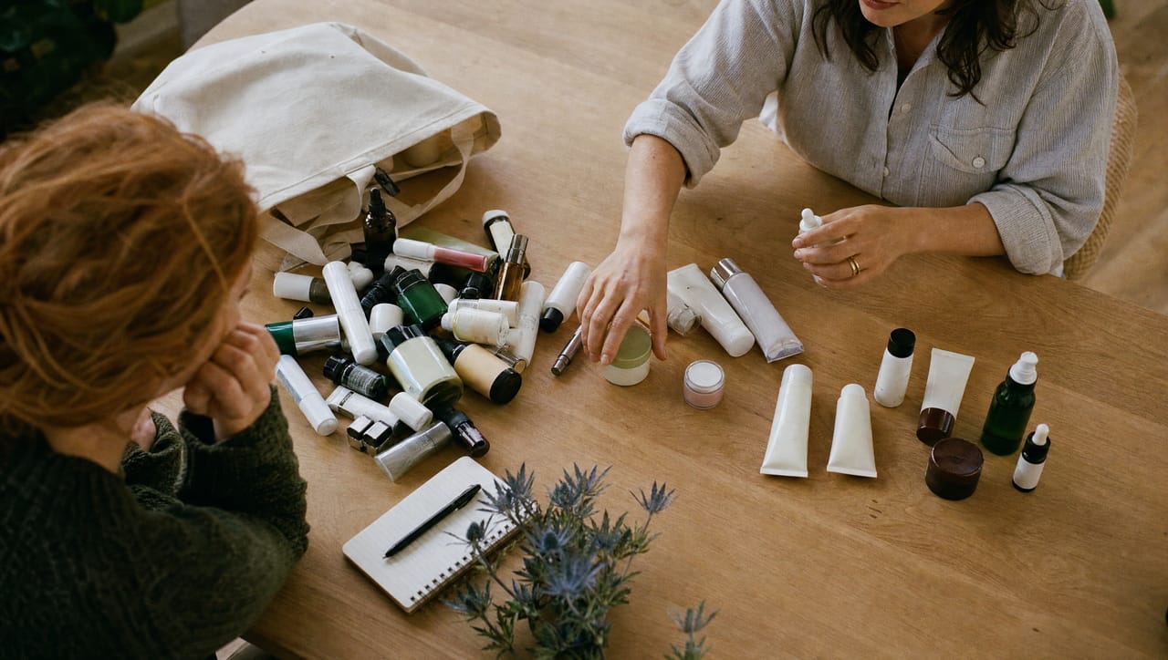 A client's skin care products emptied from a canvas tote onto an oak table while an esthetician sorts them into groups