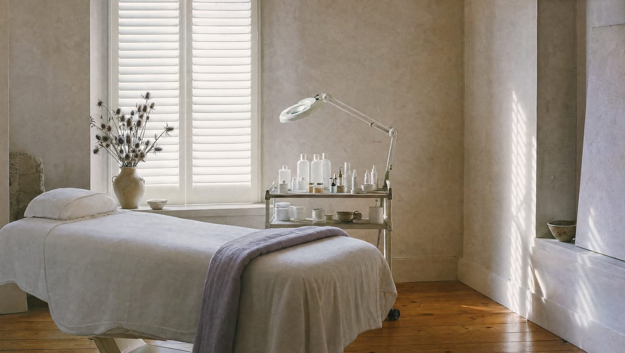 A calm treatment room with a facial bed, white linen, plantation shutters and a vase of dried sea holly